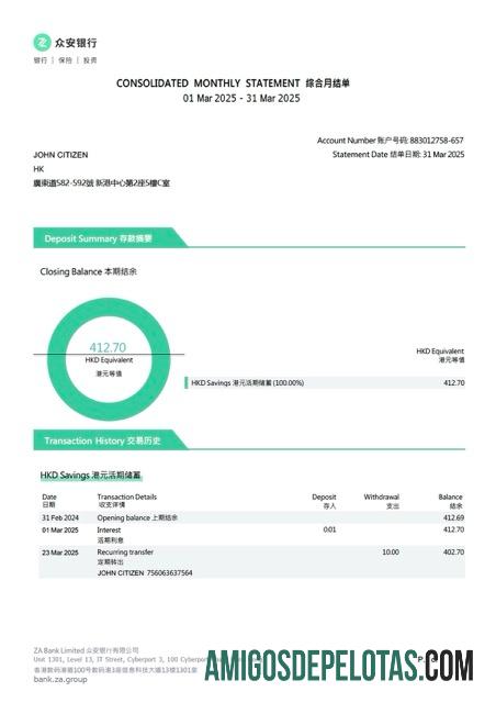 Modelo de extrato de conta bancária China ZA para impressão em Word e PDF